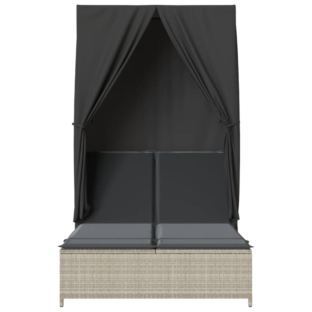 Világosszürke polyrattan dupla napozóágy tetővel és függönnyel