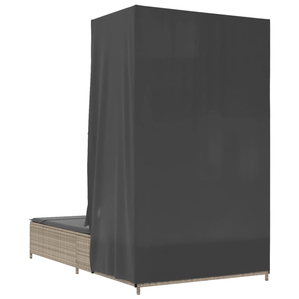 Világosszürke polyrattan dupla napozóágy tetővel és függönnyel