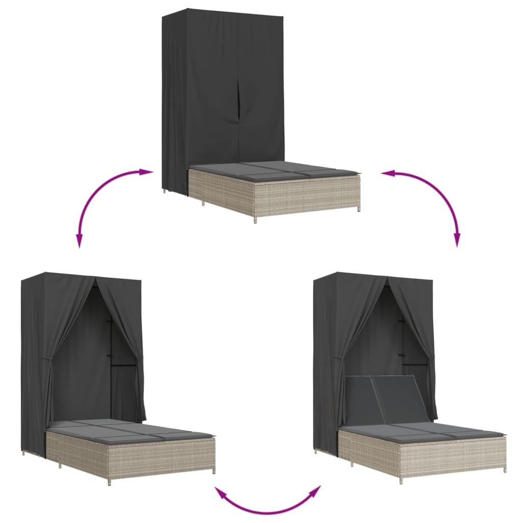 Világosszürke polyrattan dupla napozóágy tetővel és függönnyel