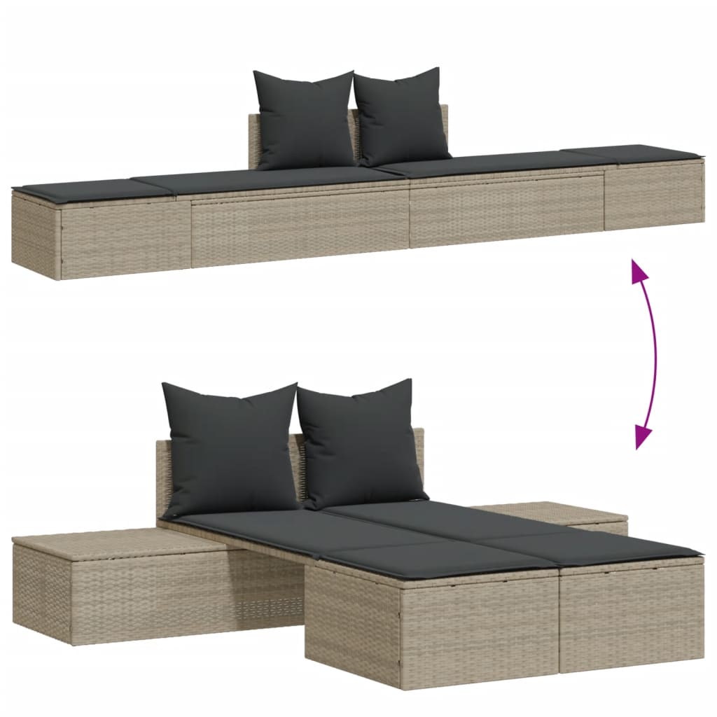 Világosszürke polyrattan dupla napozóágy párnával