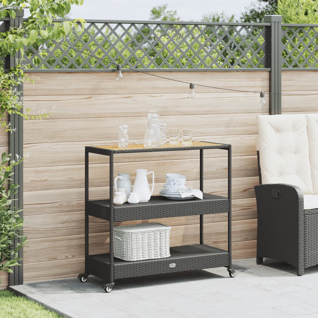 3 szintes fekete polyrattan és tömör akácfa zsúrkocsi 3 szintes fekete polyrattan és tömör akácfa zsúrkocsi