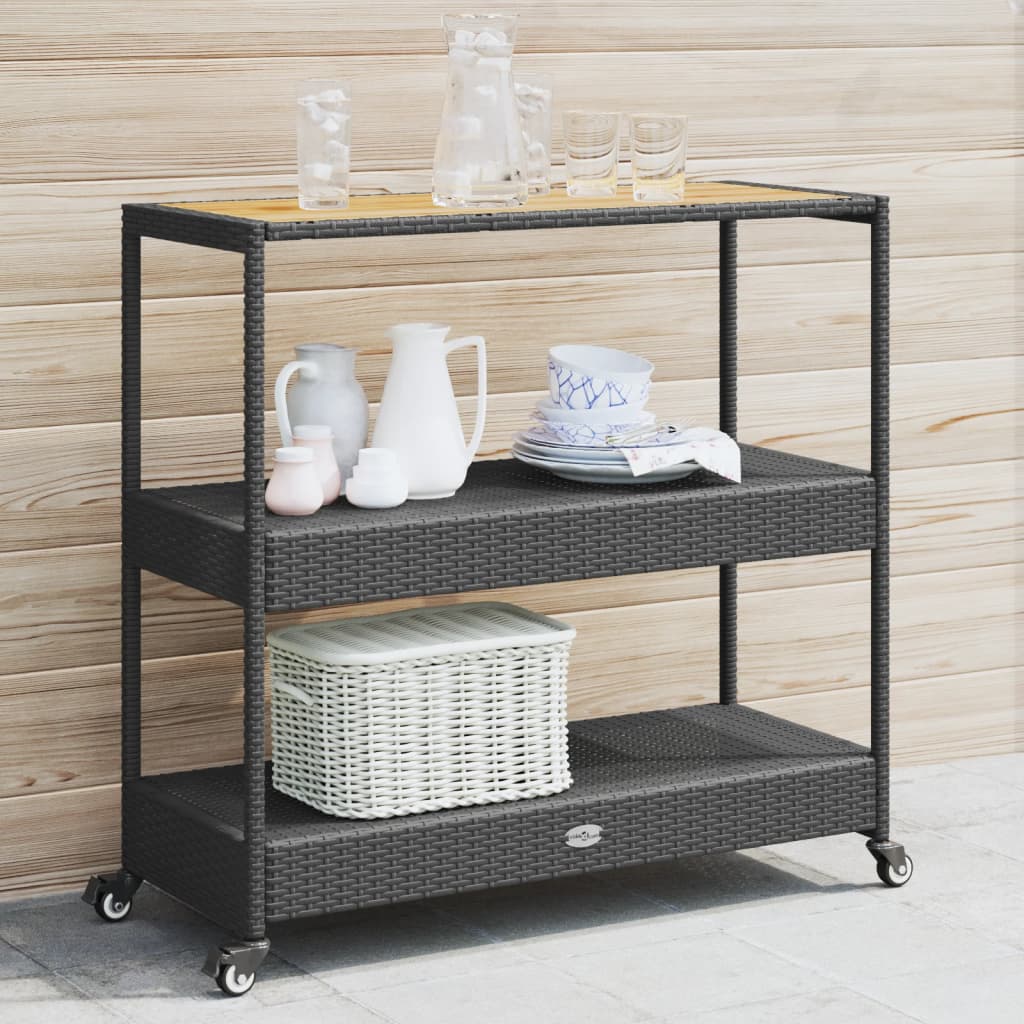 3 szintes fekete polyrattan és tömör akácfa zsúrkocsi 3 szintes fekete polyrattan és tömör akácfa zsúrkocsi