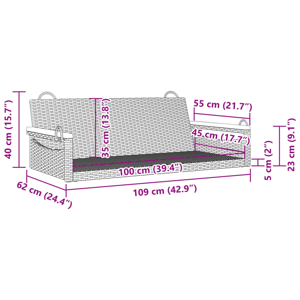 Szürke polyrattan hintapad 109 x 62 x 40 cm