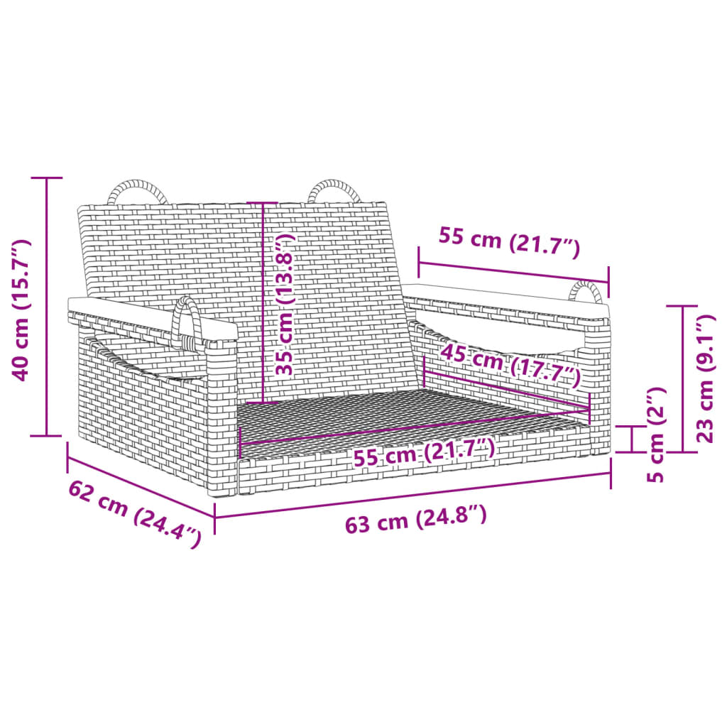 Szürke polyrattan hintapad 63 x 62 x 40 cm