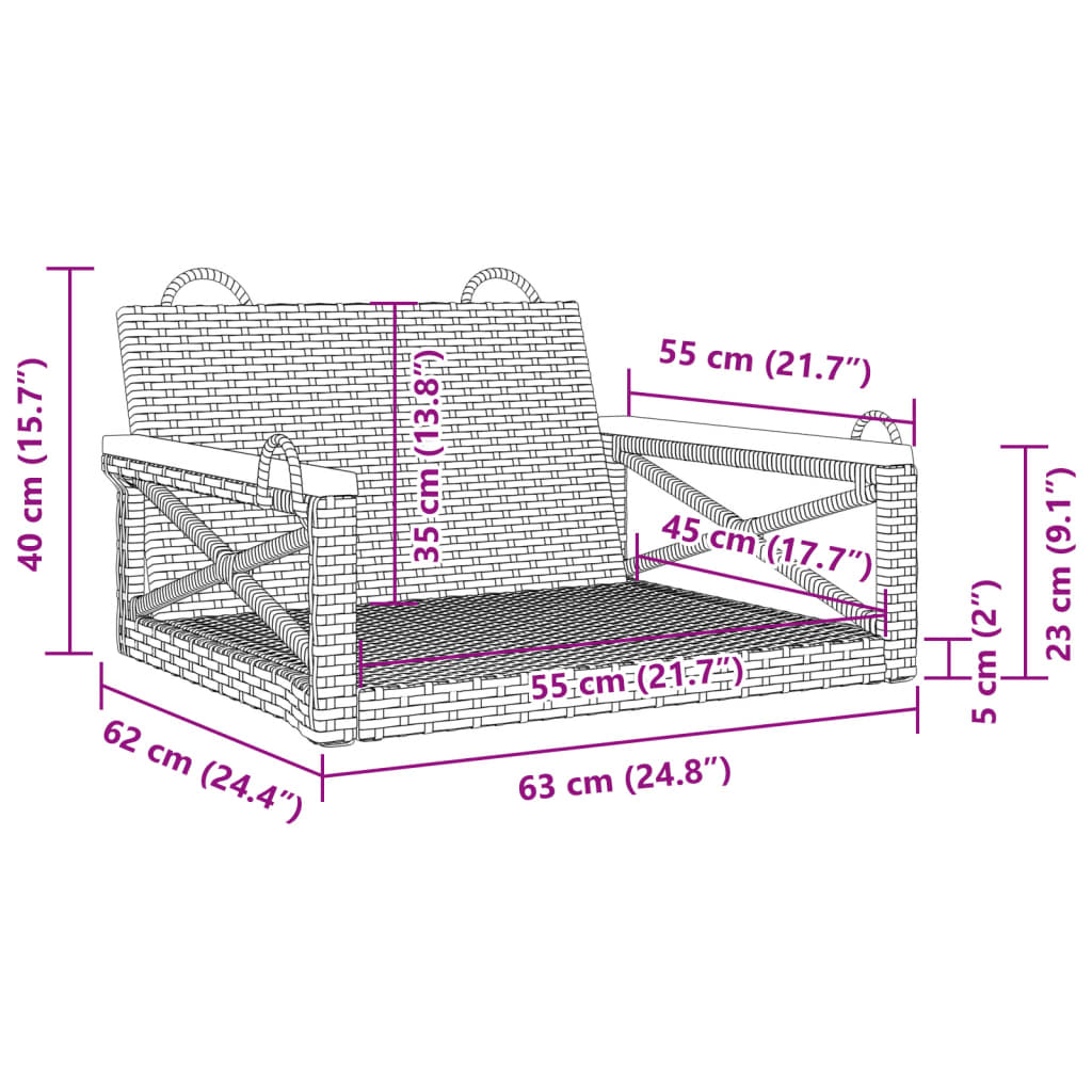 Szürke polyrattan hintapad 63 x 62 x 40 cm