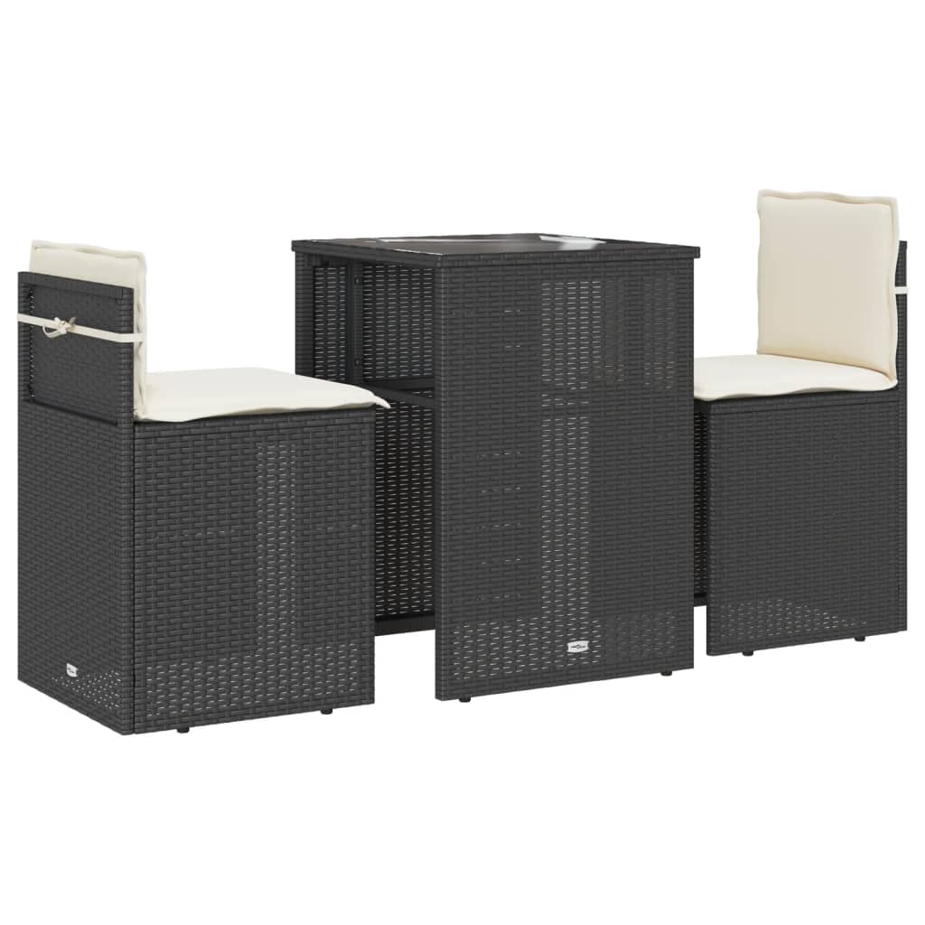3 részes fekete polyrattan bisztrógarnitúra párnával