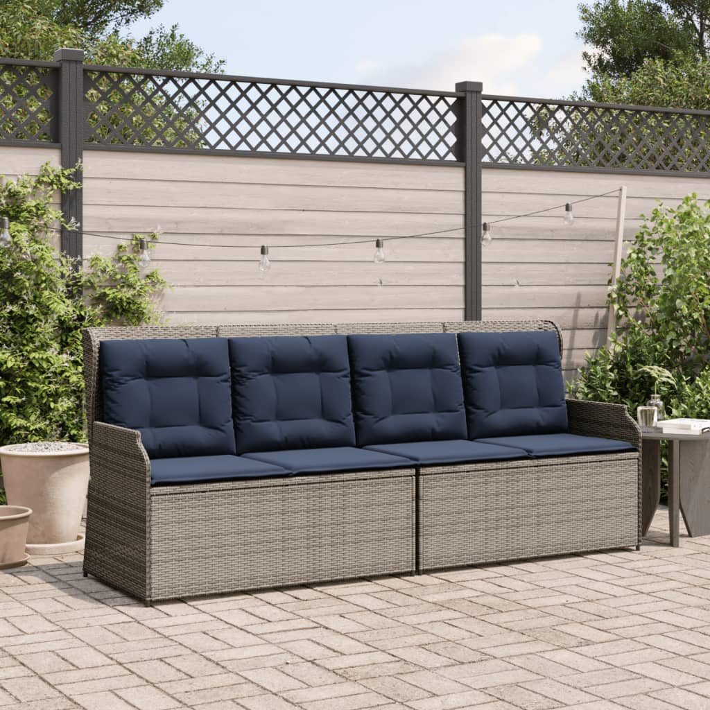 Szürke polyrattan dönthető kerti pad párnákkal