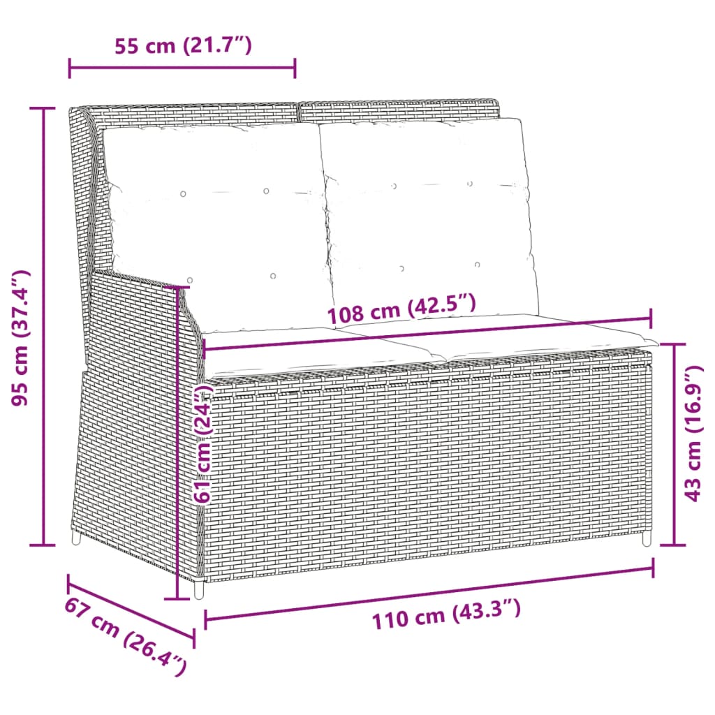 Szürke polyrattan dönthető kerti pad párnákkal