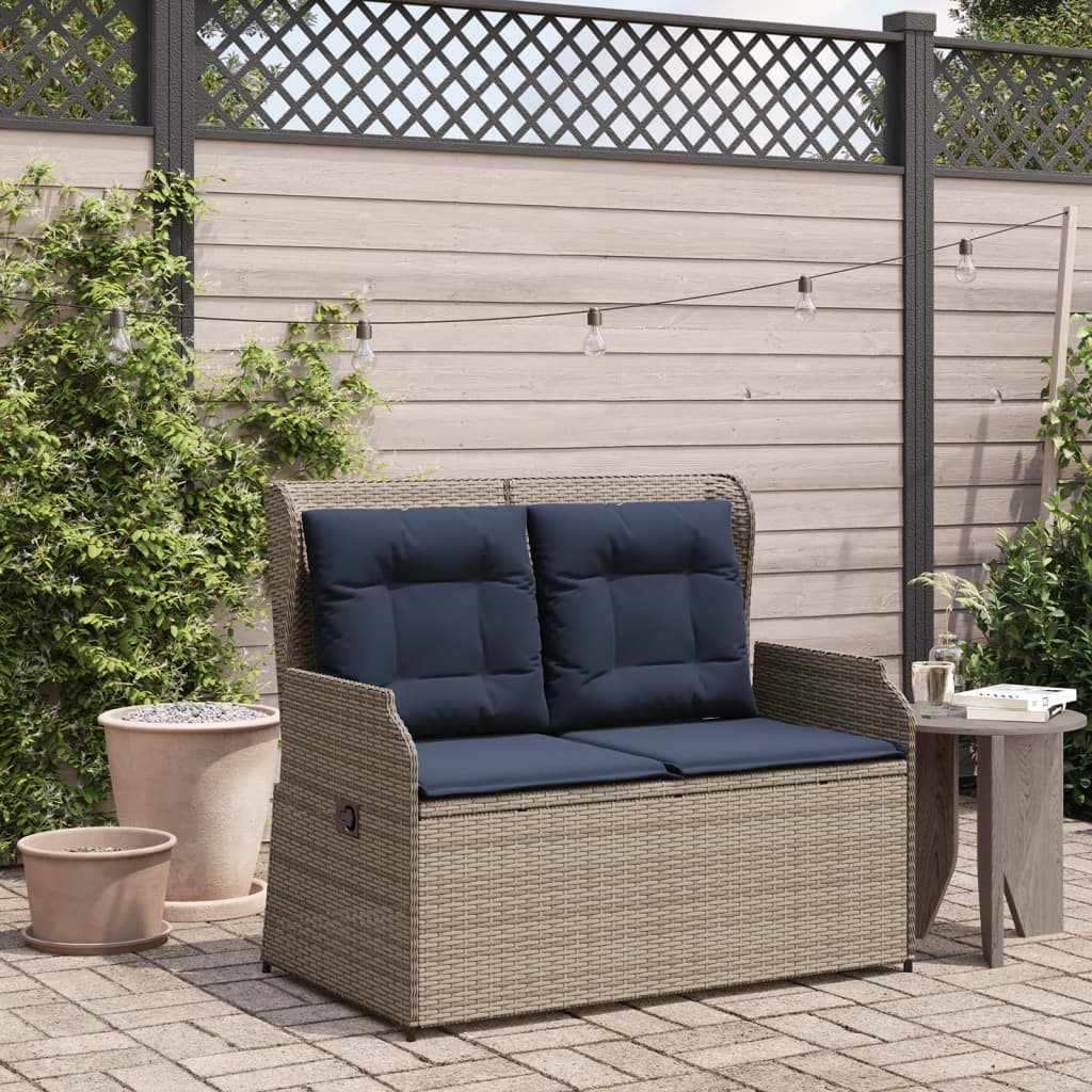 Szürke polyrattan dönthető kerti pad párnákkal