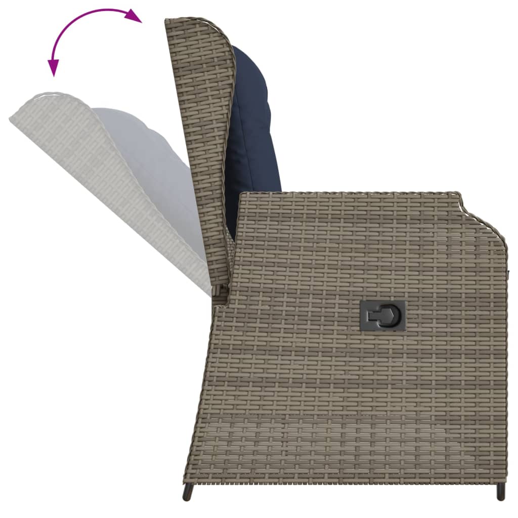 Szürke polyrattan dönthető kerti pad párnákkal