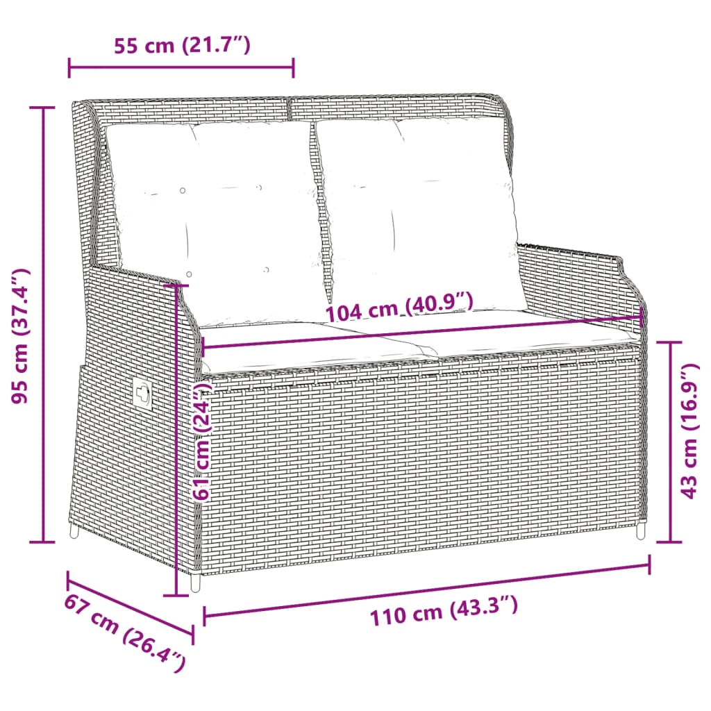 Szürke polyrattan dönthető kerti pad párnákkal