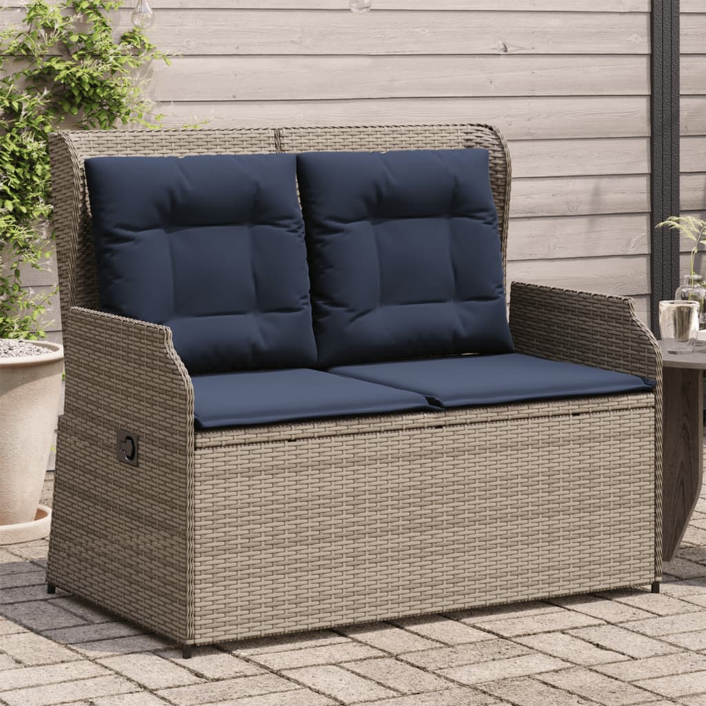 Szürke polyrattan dönthető kerti pad párnákkal