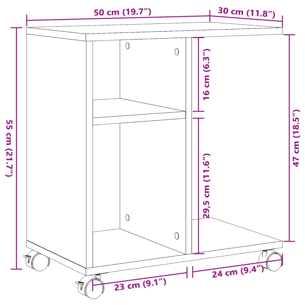 Füstös tölgy színű szerelt fa kisasztal kerekekkel 50x30x55 cm
