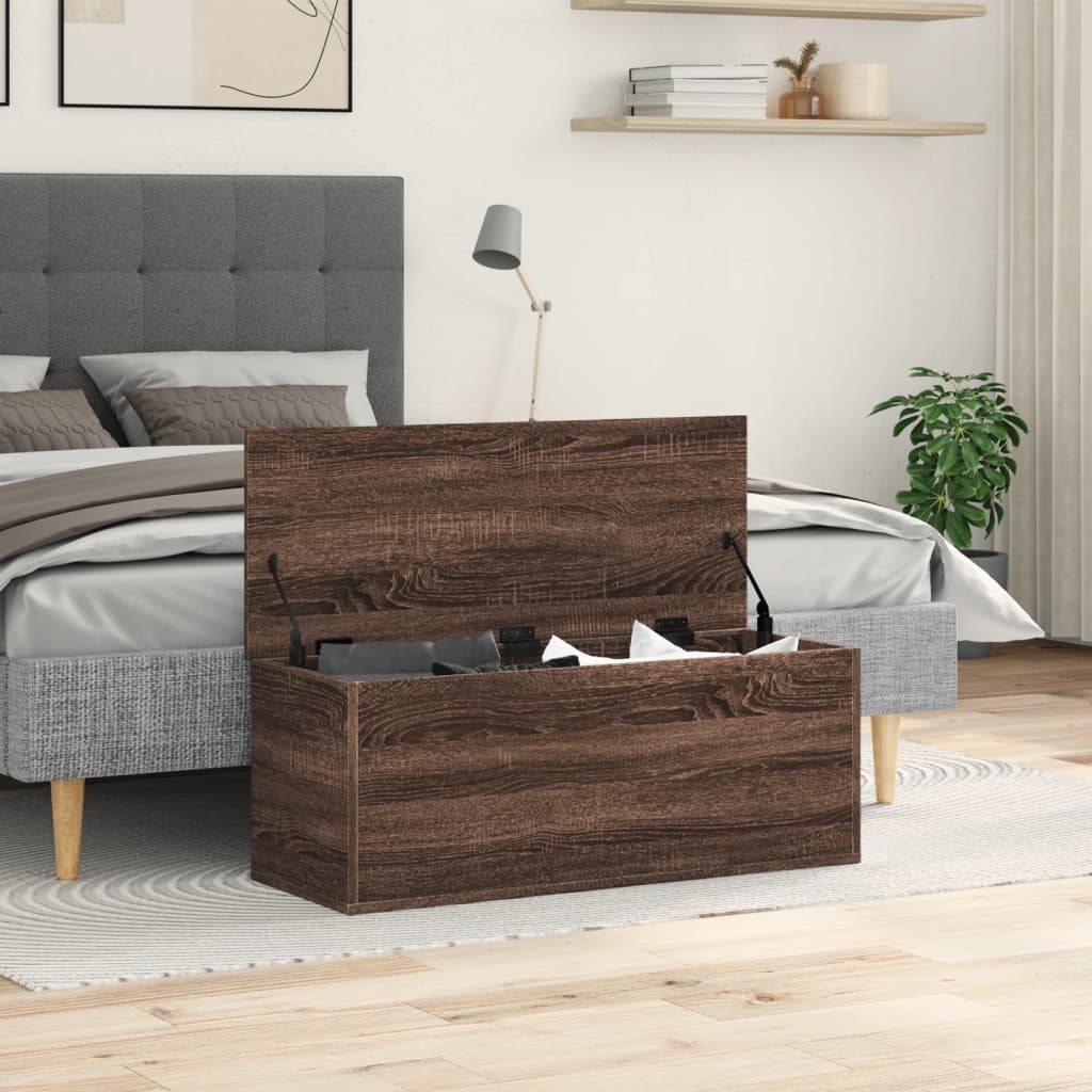 Barna tölgy színű szerelt fa tárolóláda 90 x 35 x 35 cm