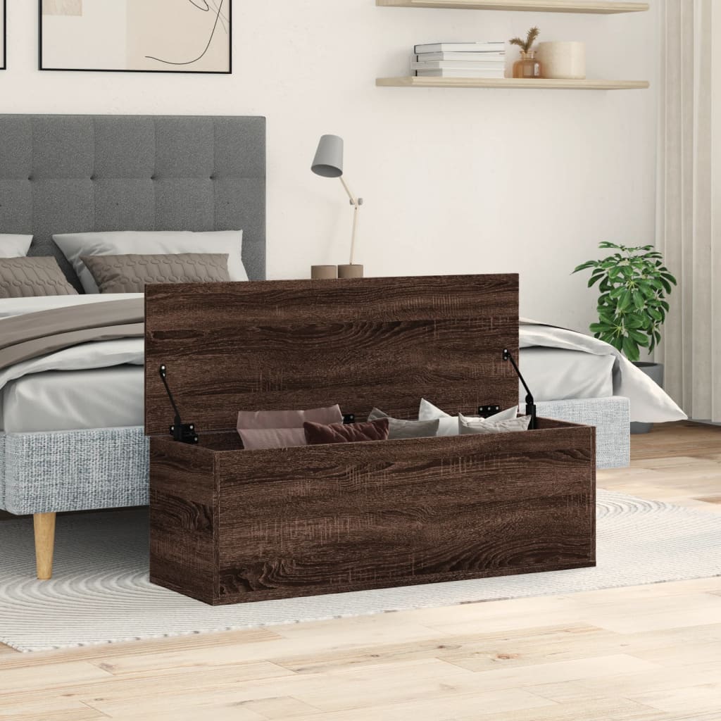 Barna tölgy színű szerelt fa tárolóláda 102 x 35 x 35 cm