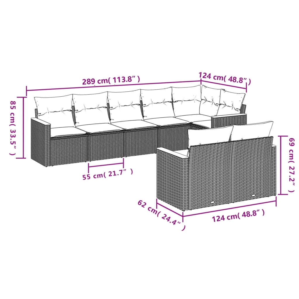 8-részes szürke polyrattan kerti ülőgarnitúra párnákkal