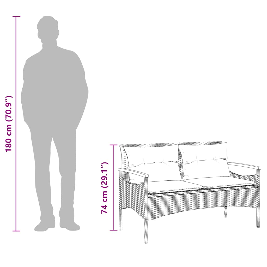 Szürke polyrattan kerti pad párnával 116 x 62,5 x 74