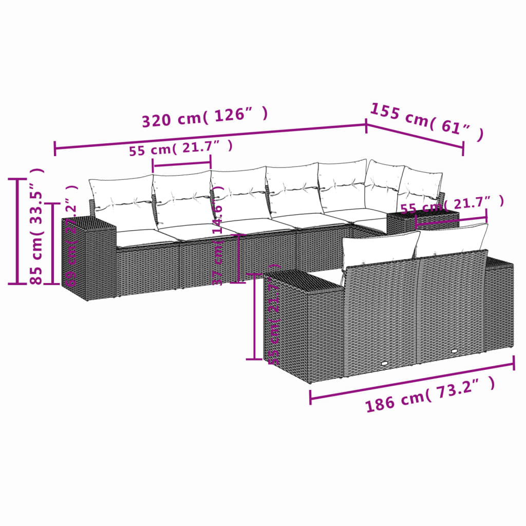 8 részes fekete polyrattan kerti ülőgarnitúra párnákkal