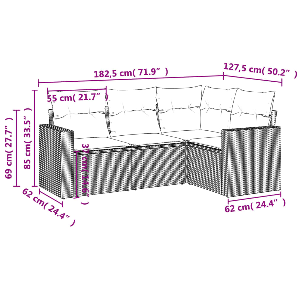 4 részes világosszürke polyrattan kerti ülőgarnitúra párnákkal