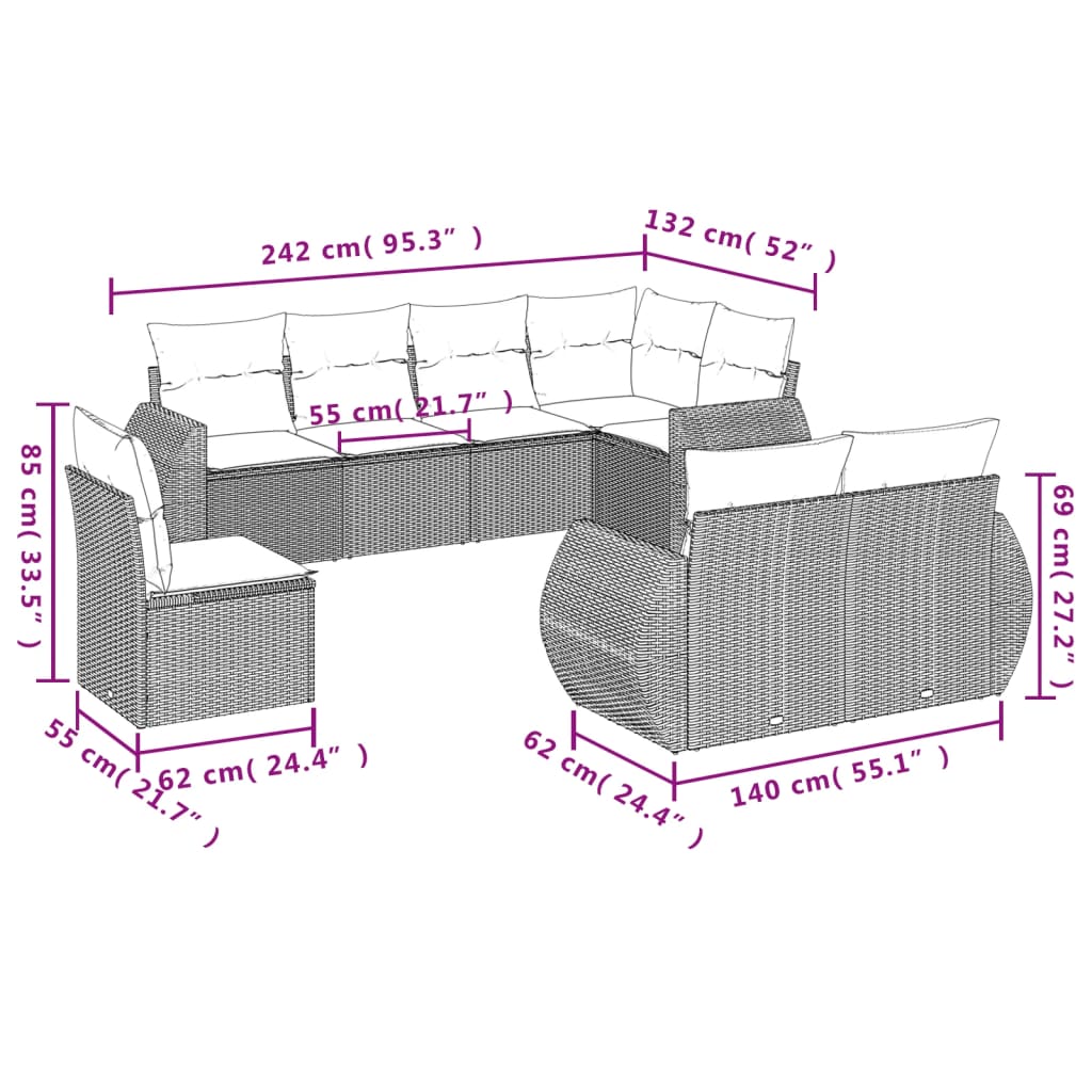 8 részes világosszürke polyrattan kerti ülőgarnitúra párnával 8 részes világosszürke polyrattan kerti ülőgarnitúra párnával