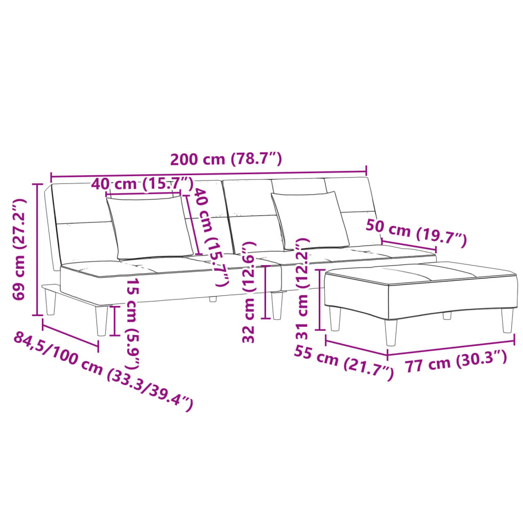 2 személyes sötétszürke bársony kanapéágy lábtartóval