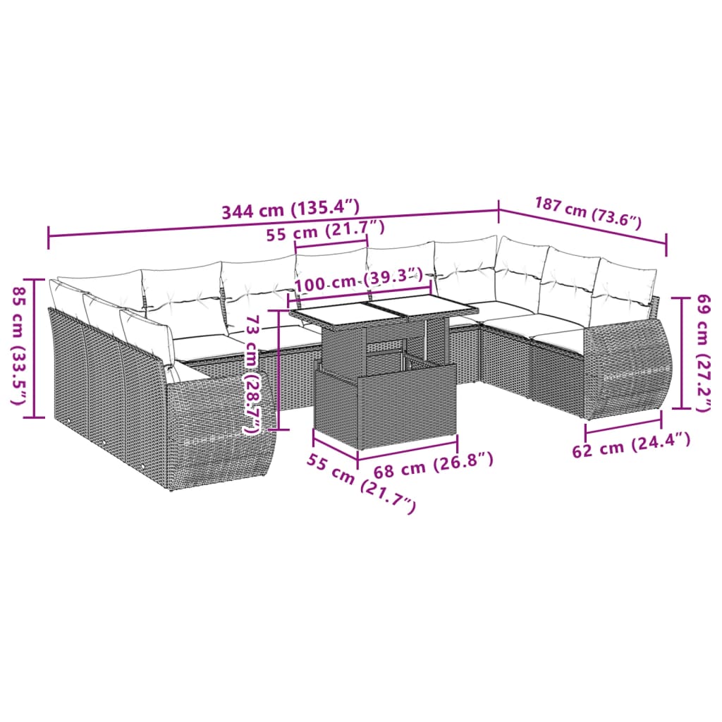 11 részes világosszürke polyrattan kerti ülőgarnitúra párnákkal 11 részes világosszürke polyrattan kerti ülőgarnitúra párnákkal