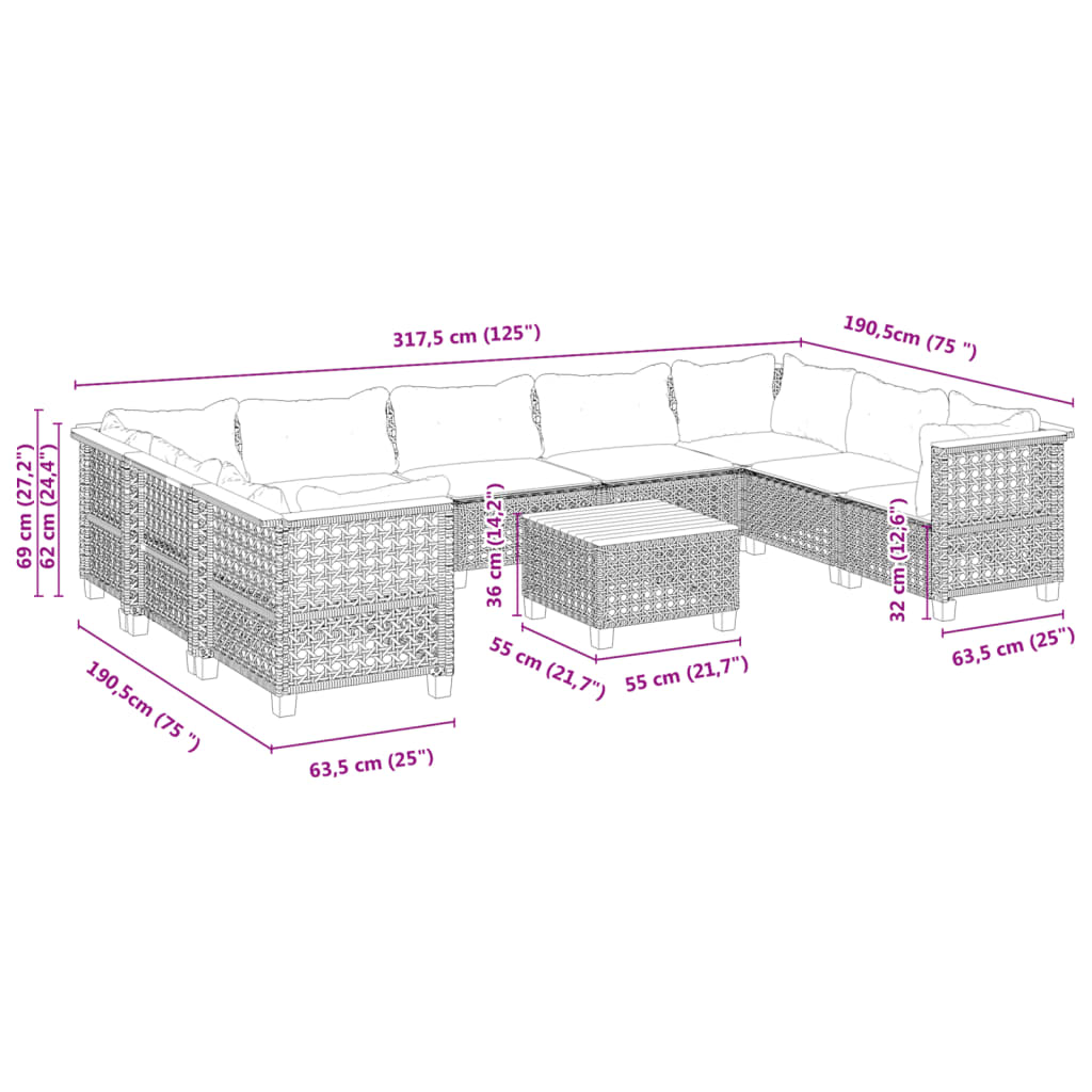 10 részes szürke polyrattan kerti ülőgarnitúra párnákkal 10 részes szürke polyrattan kerti ülőgarnitúra párnákkal