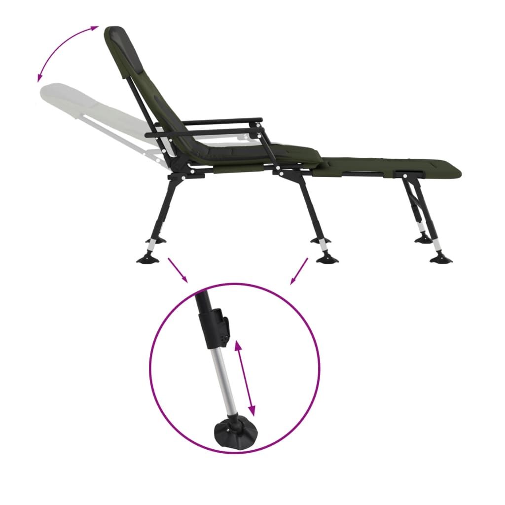 Zöld összecsukható horgászágyszék állítható sárgyűjtő lábbal