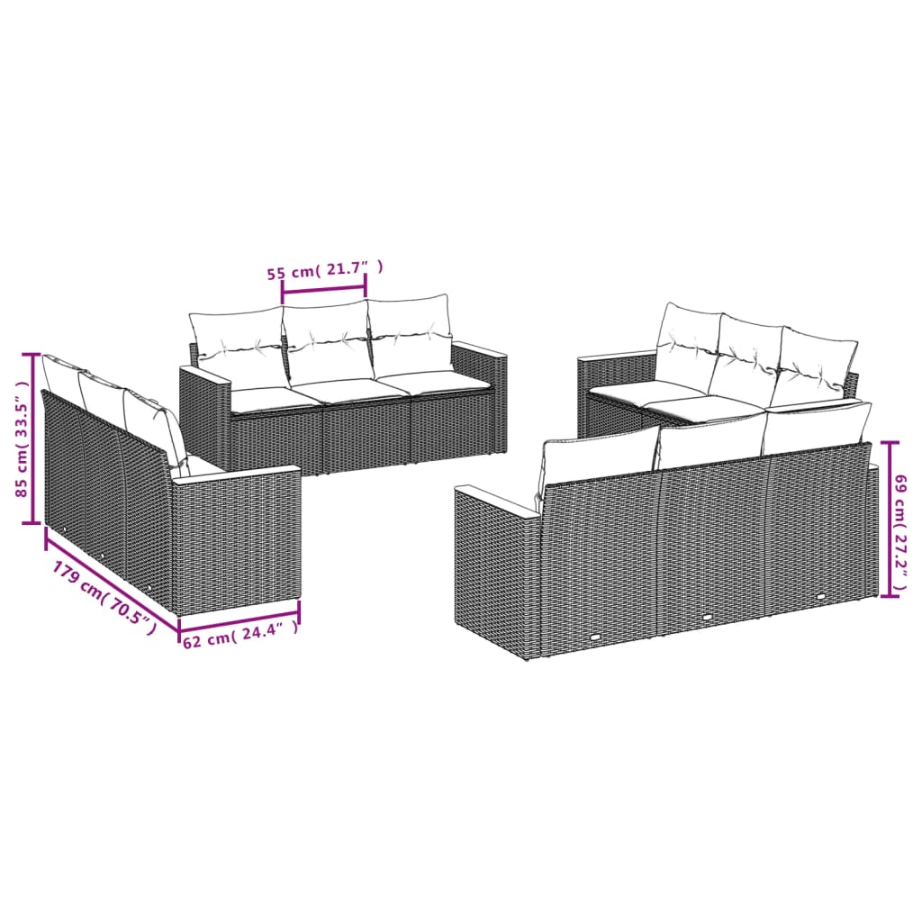 12 részes fekete polyrattan kerti ülőgarnitúra párnákkal