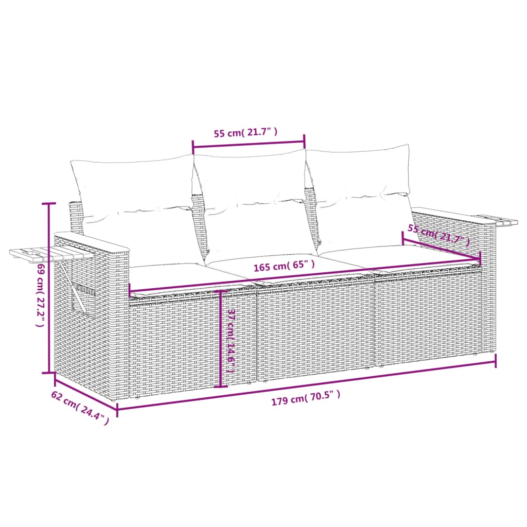 3 részes fekete polyrattan kerti ülőgarnitúra párnával