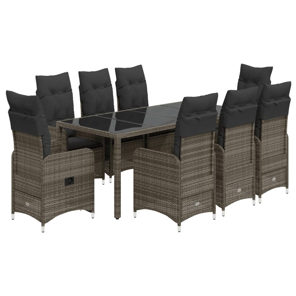 9 részes szürke polyrattan kerti bisztrógarnitúra párnákkal