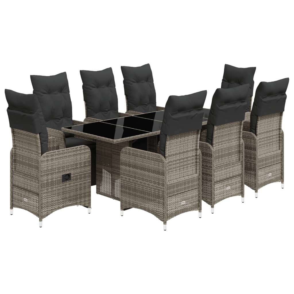 9 részes szürke polyrattan kerti bisztrógarnitúra párnákkal