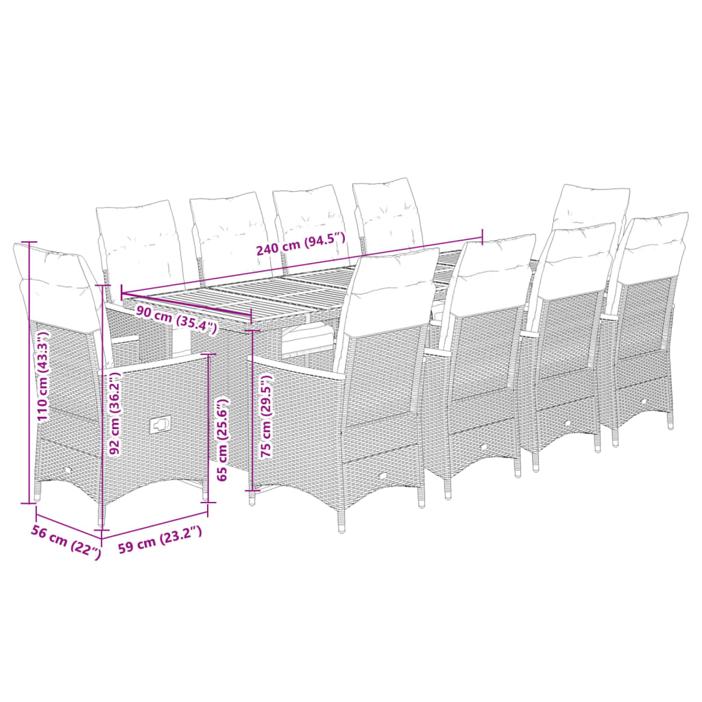 11 részes szürke polyrattan kerti bisztrógarnitúra párnákkal