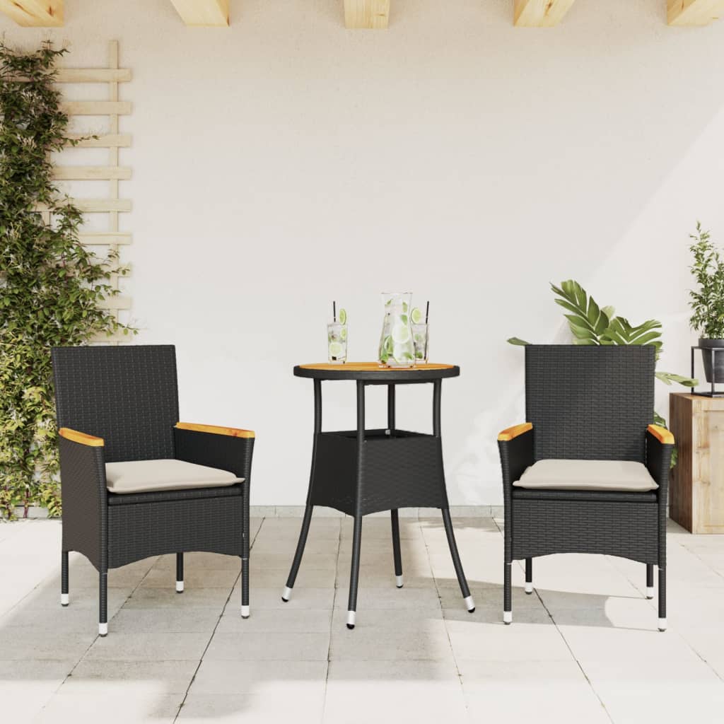 Vidaxl3részes fekete polyrattan/akácfa kerti étkezőgarnitúra párnákkal