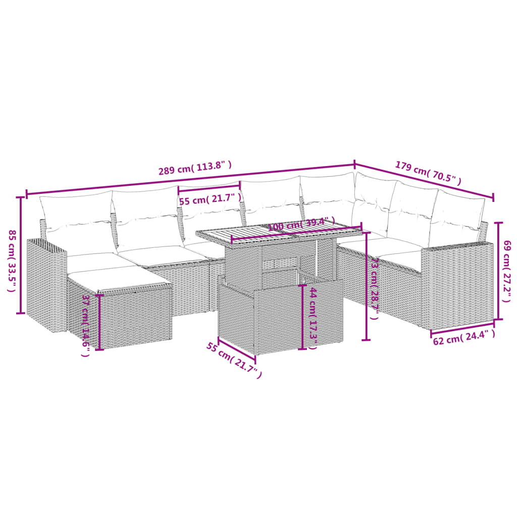 9 részes fekete polyrattan kerti ülőgarnitúra párnákkal 9 részes fekete polyrattan kerti ülőgarnitúra párnákkal