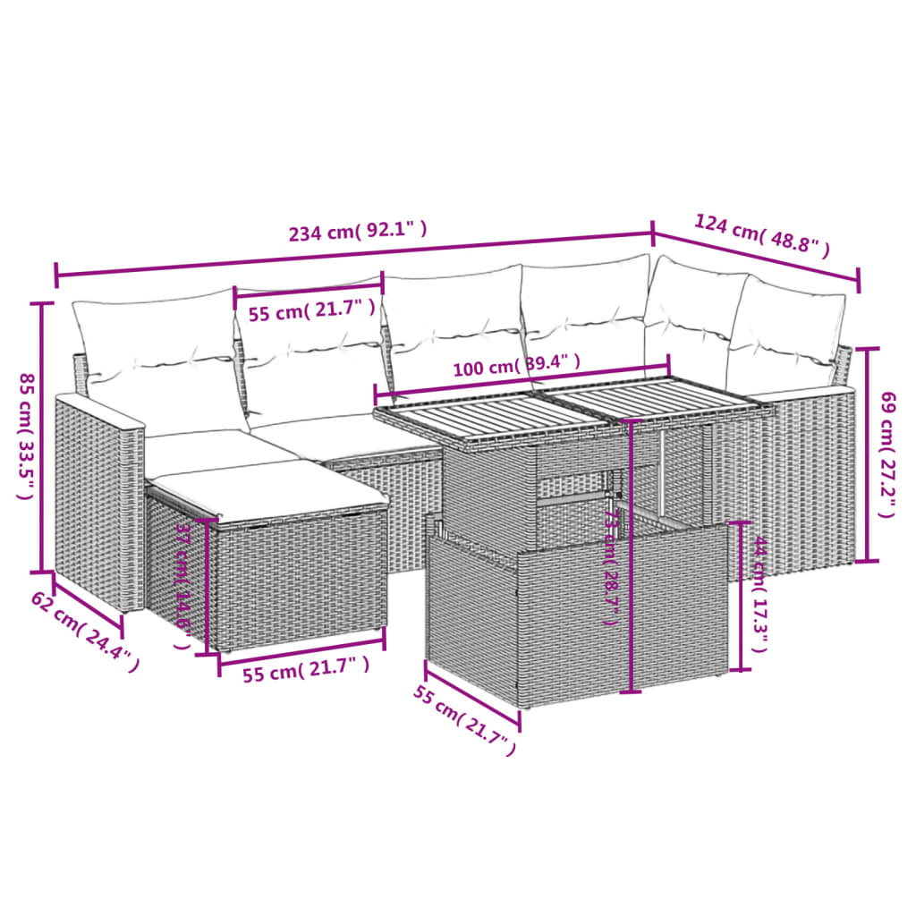 7 részes szürke polyrattan kerti ülőgarnitúra párnákkal
