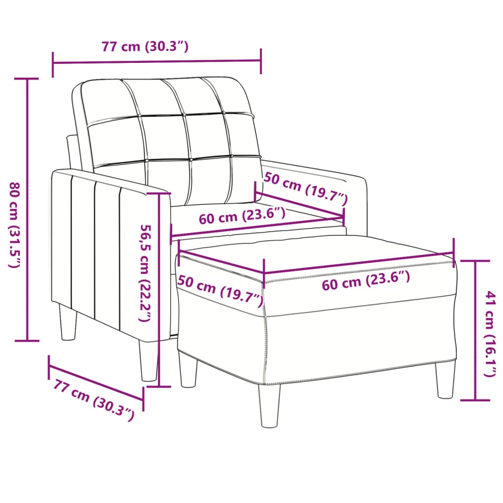 Krémszínű bársony kanapéfotel lábtartóval 60 cm Krémszínű bársony kanapéfotel lábtartóval 60 cm