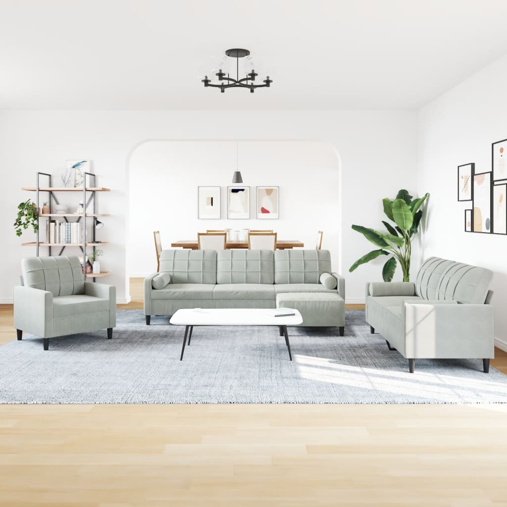 4 részes világosszürke bársony ülőgarnitúra párnákkal