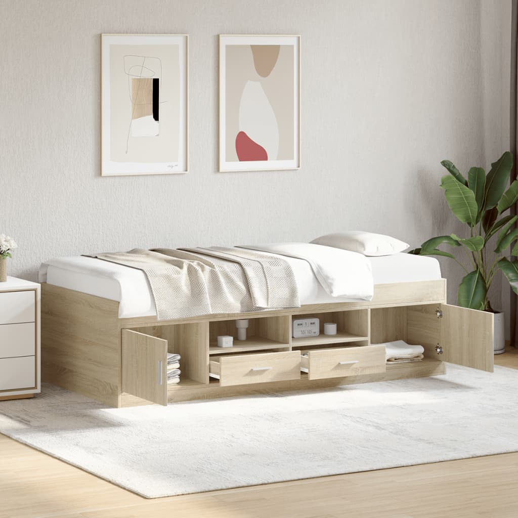 Sonoma tölgy színű szerelt fa kanapéágy fiókokkal 75 x 190 cm