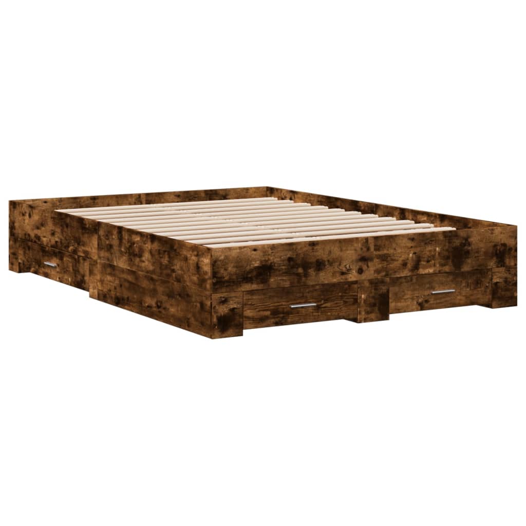 Füstös tölgyszínű szerelt fa ágykeret fiókokkal 135 x 190 cm