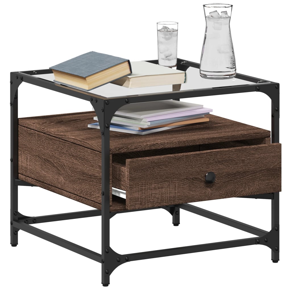 Barna tölgy színű acél dohányzóasztal üveglappal 50x50x45 cm