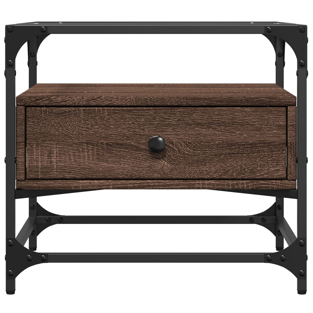 Barna tölgy színű acél dohányzóasztal üveglappal 50x50x45 cm