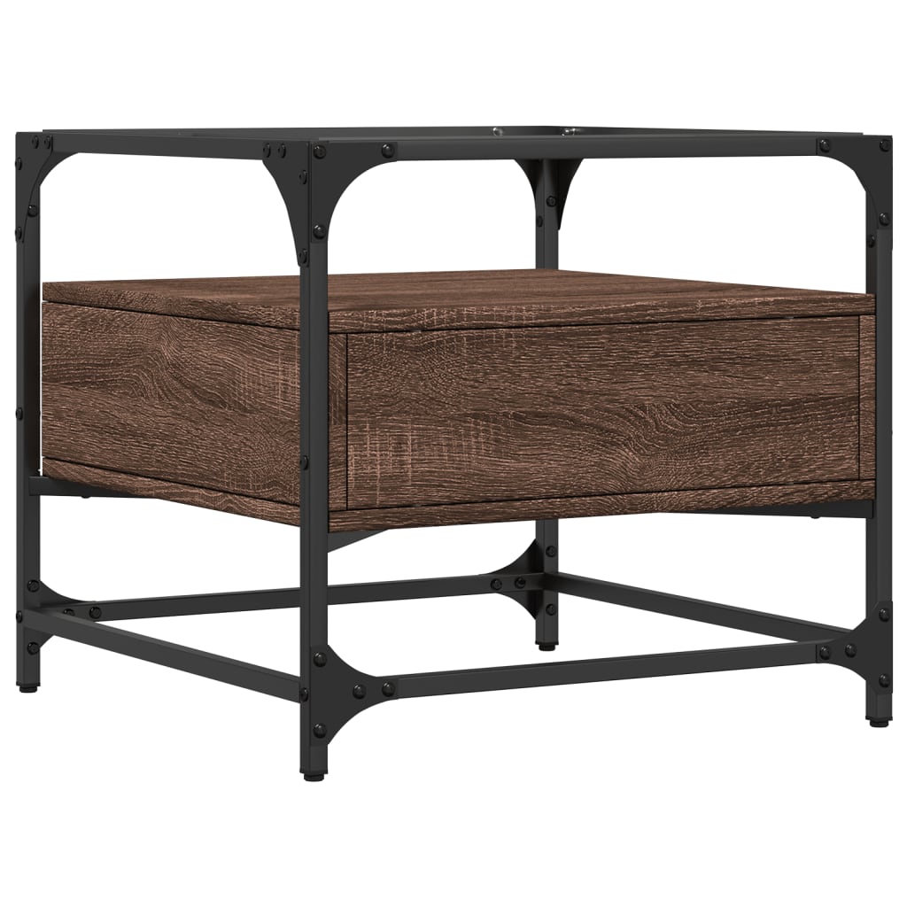 Barna tölgy színű acél dohányzóasztal üveglappal 50x50x45 cm