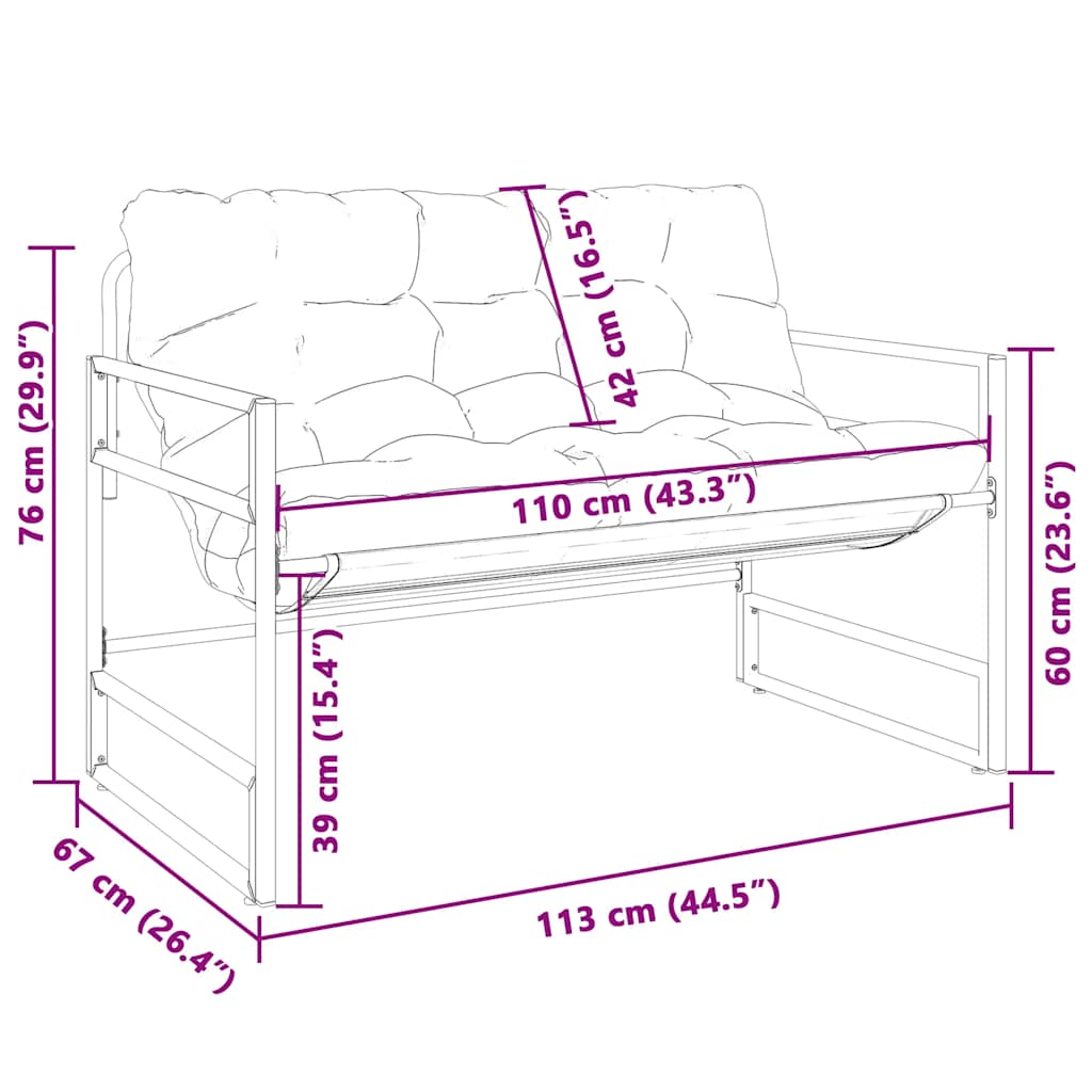 Tópszínű acél kerti pad párnával 113 cm