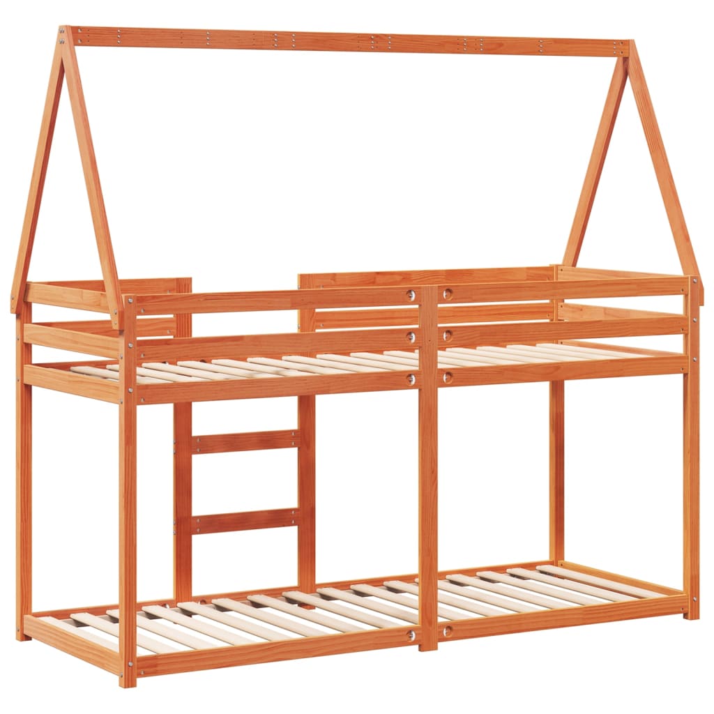 Viaszbarna tömör fenyőfa ágy emelettel és tetővel 75 x 190 cm