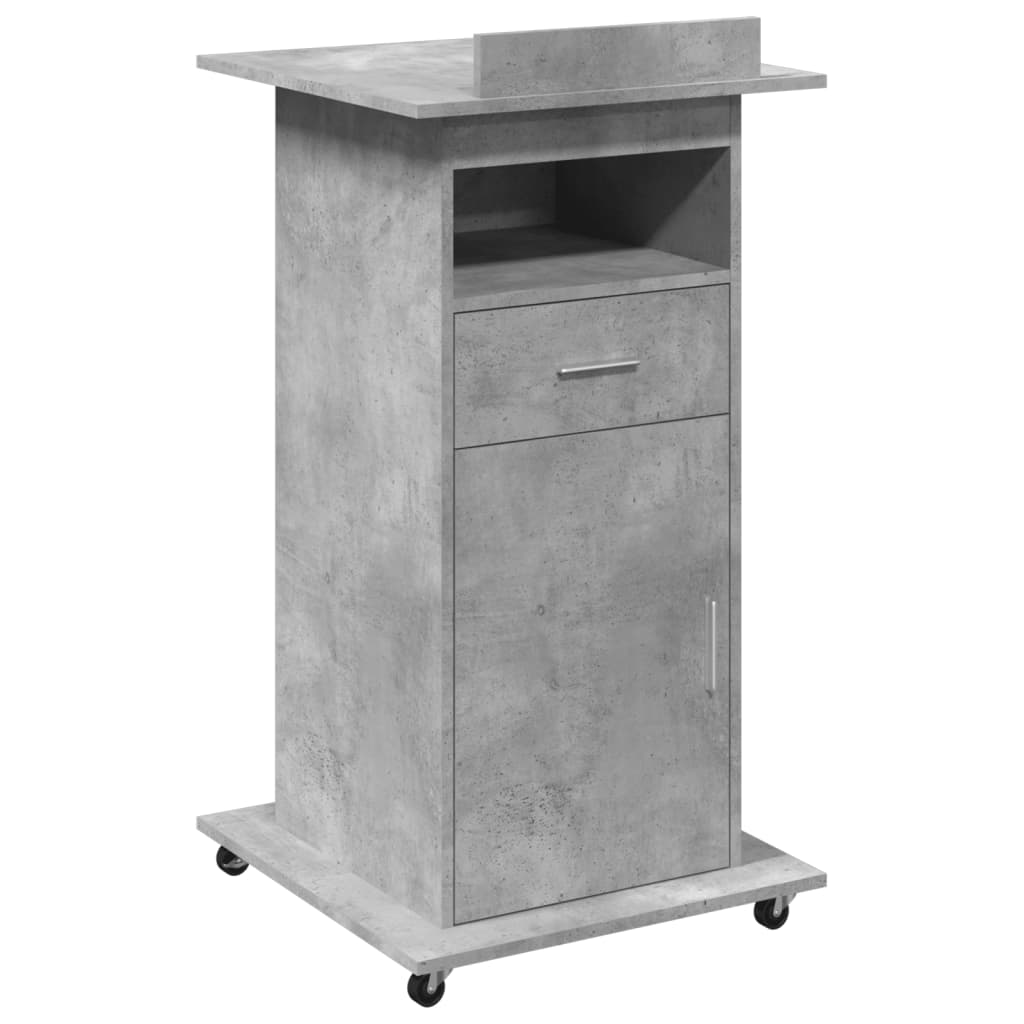 Betonszürke szerelt fa állópult kerékkel és fiókkal 55x55x107cm
