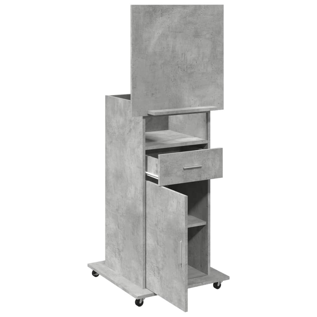 Betonszürke szerelt fa állópult kerékkel és fiókkal 55x55x107cm