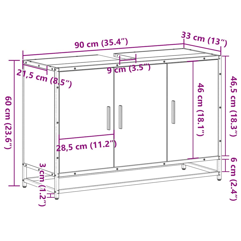 Szürke sonoma szerelt fa fürdőszobai mosdószekrény 90x33x60 cm