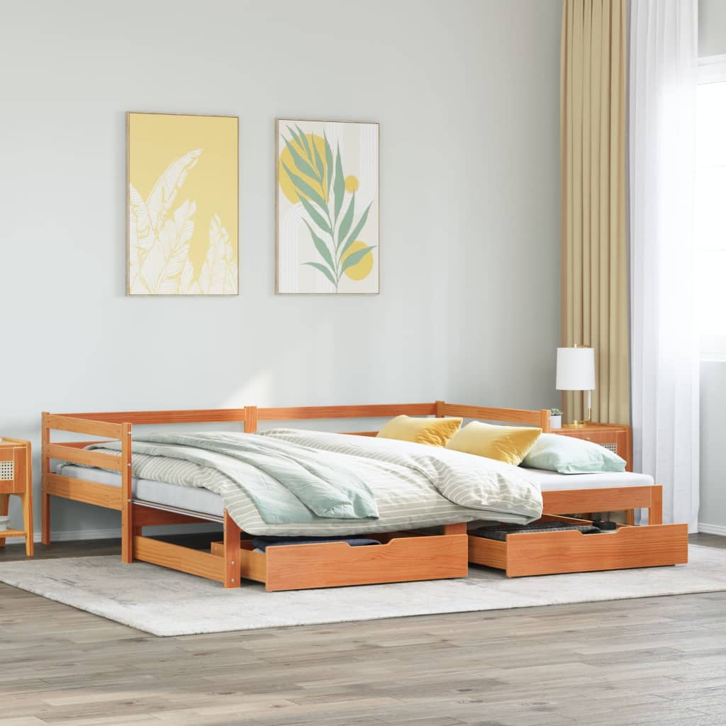 Viaszbarna tömör fenyőfa kihúzható kanapéágy fiókkal 90 x 200cm