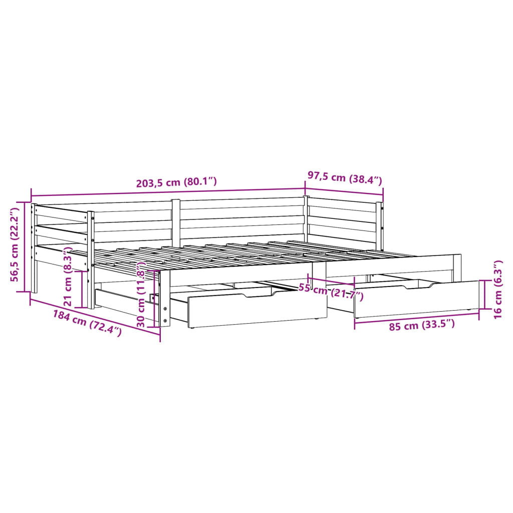 Viaszbarna tömör fenyőfa kihúzható kanapéágy fiókkal 90 x 200cm